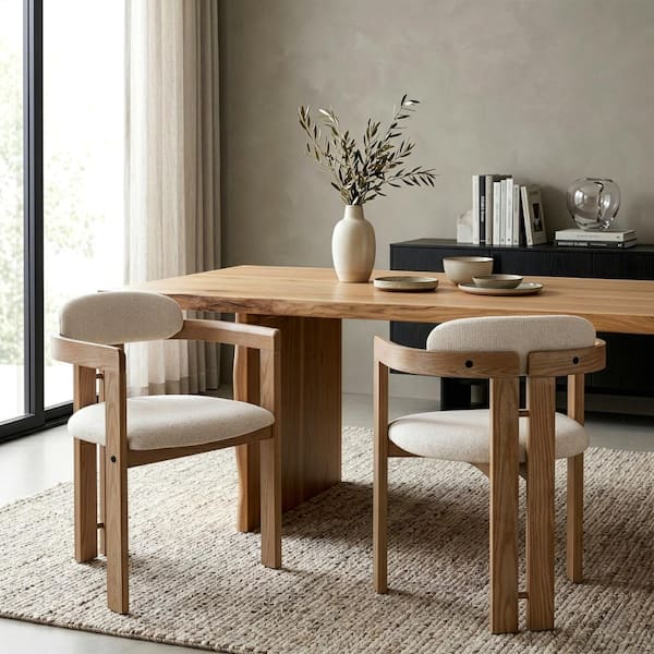 Berne Beige Washed Fabric Dining Chair with Natural Wood Arms and Legs Set of 2