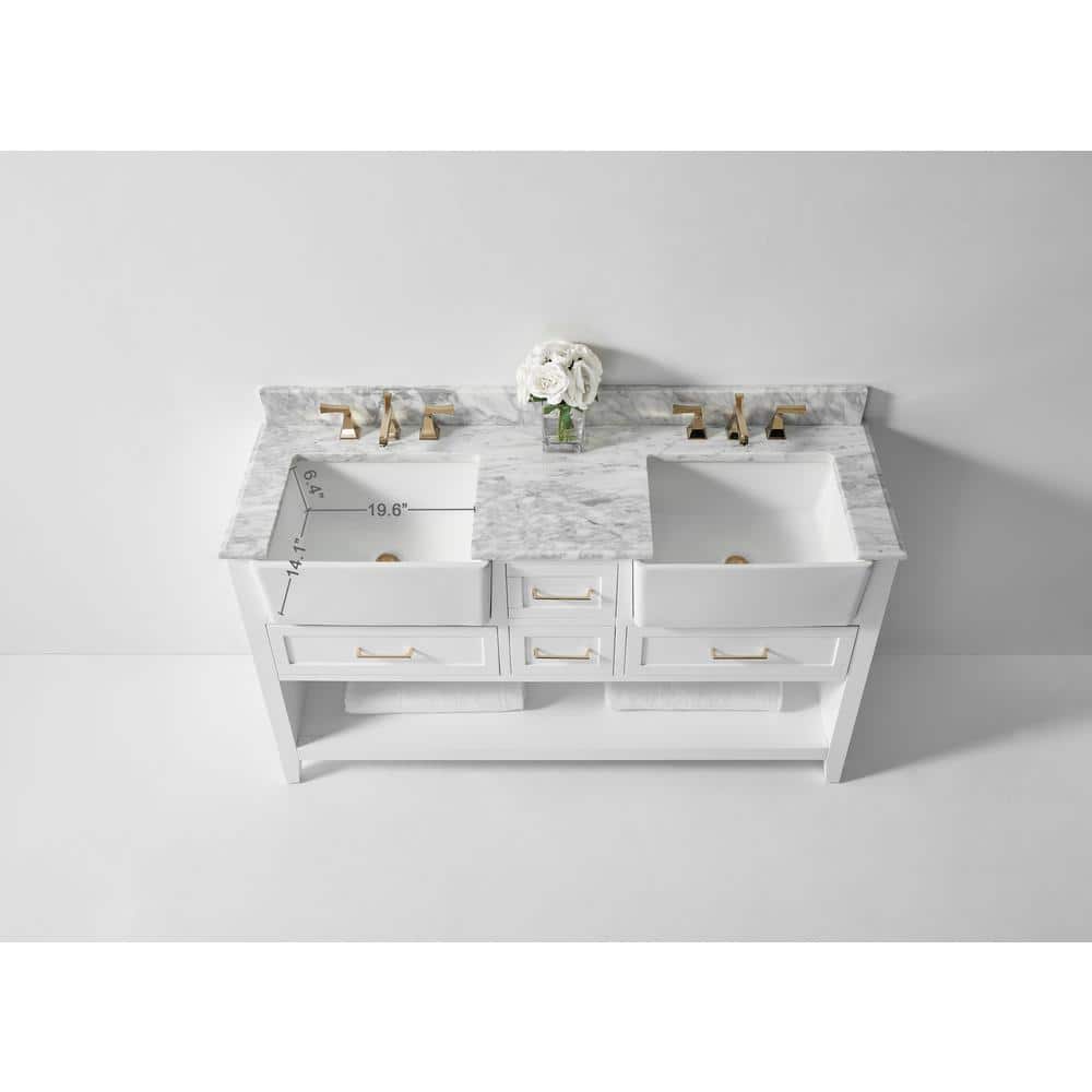 Hayley 60" White Farmhouse Double Basin Wood Vanity Set
