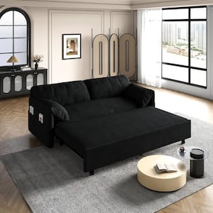 3-in-1 Convertible 63.8 in. Black Soft Velvet Queen Size Sofa Bed with Side Storage
