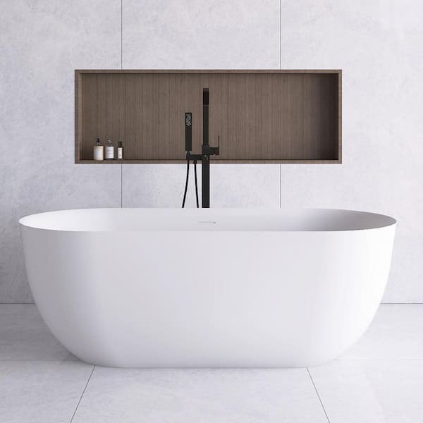 JimsMaison 59 in. x 29.5 in. Stone Resin Freestanding Flatbottom Soaking Bathtub with Center Drain in Matte White