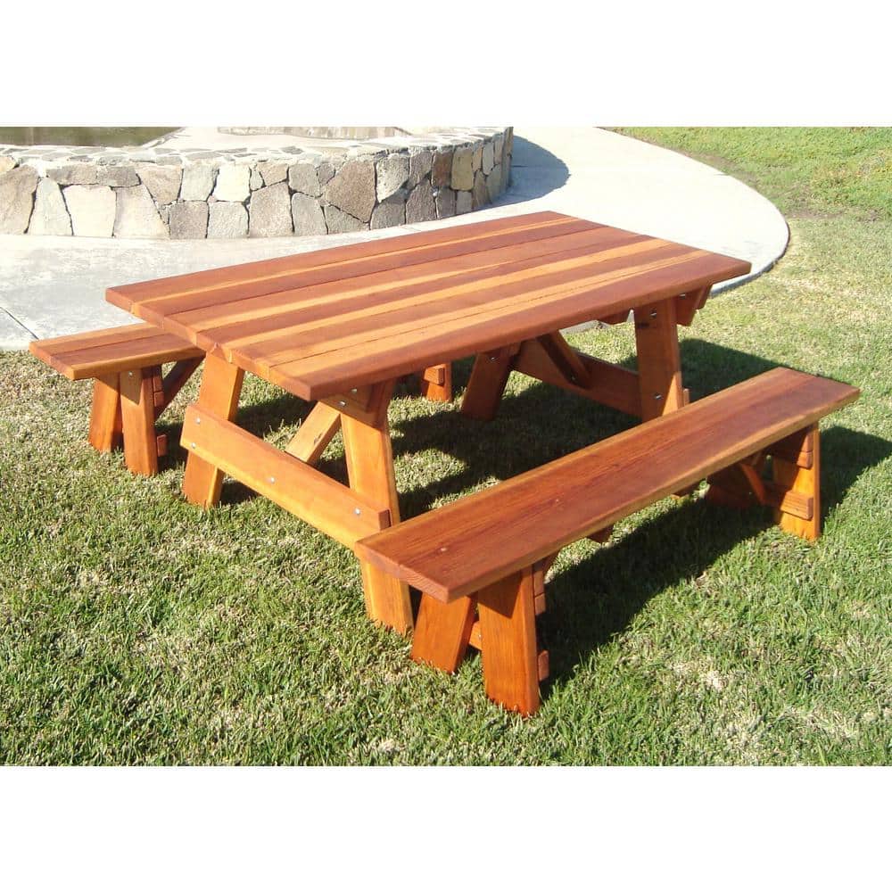 72" Medium Brown Redwood Picnic Table with Detached Benches