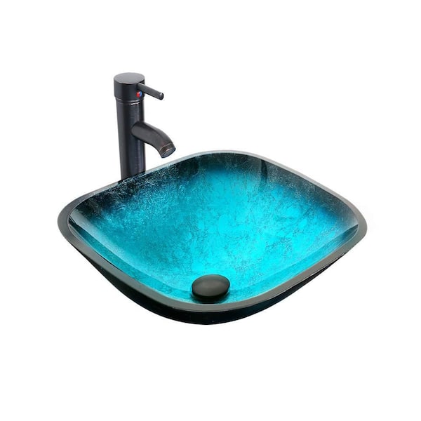 eclife Cameo Tempered Glass Square Vessel Sink in Turquoise with Faucet Pop Up Drain Set