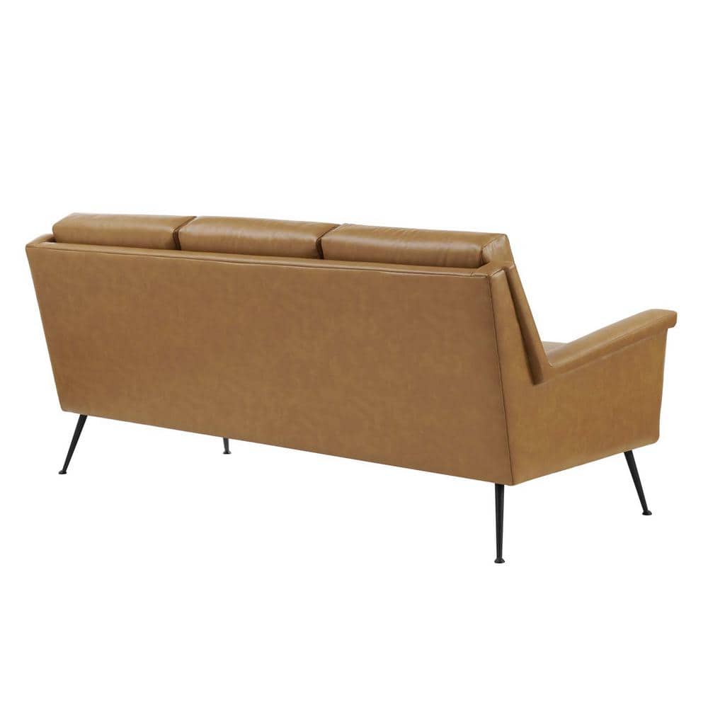 Tan Faux Leather Sofa with Removable Cushions and Wood Frame