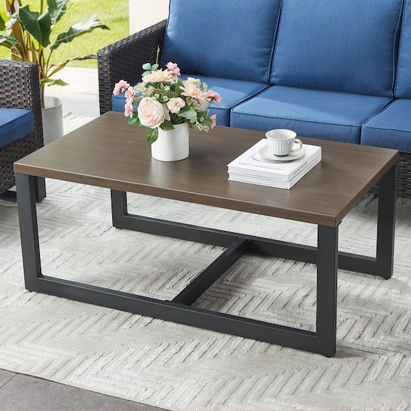U-Weave Brown Rectangular Metal Outdoor Coffee Table with Steel Wood-Grain Top