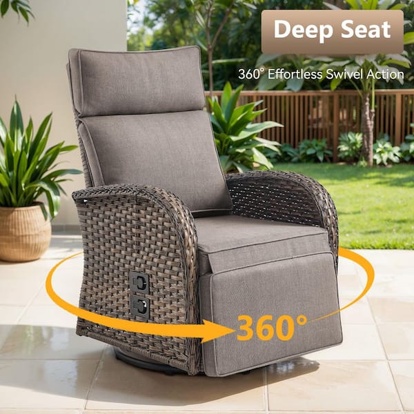PlainCurve 3-Piece Brown Wicker Outdoor Adjustable Swivel Recliner Chair with Gray Cushions
