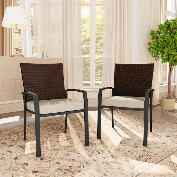 Outdoor Rattan Metal Stylish Bistro Dining Chairs with Beige Cushions (2-Pack)