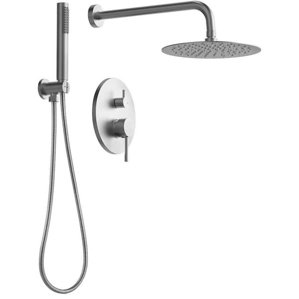 2-Spray Patterns Round 10 in. Wall Mount Dual Shower Heads with Handheld in Brushed Nickel