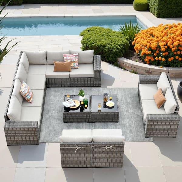 HOOOWOOO Tahoe Grey 12-Piece Wicker Wide Arm Outdoor Patio Conversation Sofa Seating Set with Beige Cushions