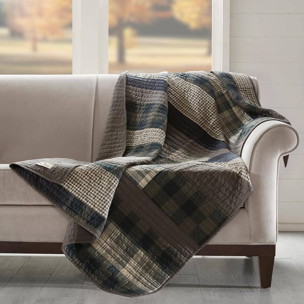 Plaid Striped Reversible Cotton Throw in Taupe - 50"x70"