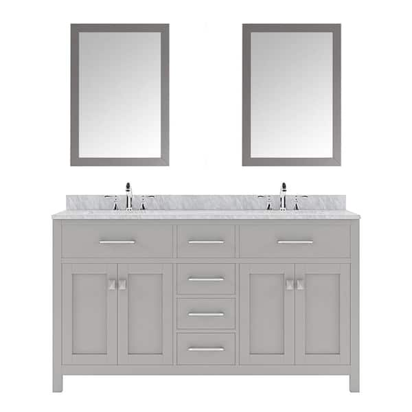 Virtu USA Caroline 60 in. W Bath Vanity in Cashmere Gray with Marble Vanity Top in White with Square Basin and Mirror