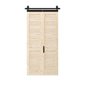 40 in. x 84 in. Unfinished Pine Wood Louver Bi-Fold Sliding Barn Door with Hardware Kit