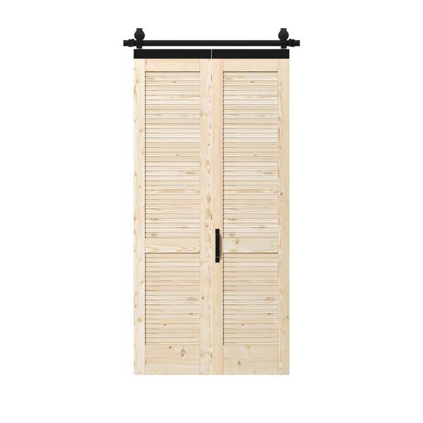 ARK DESIGN 40 in. x 84 in. Unfinished Pine Wood Louver Bi-Fold Sliding Barn Door with Hardware Kit