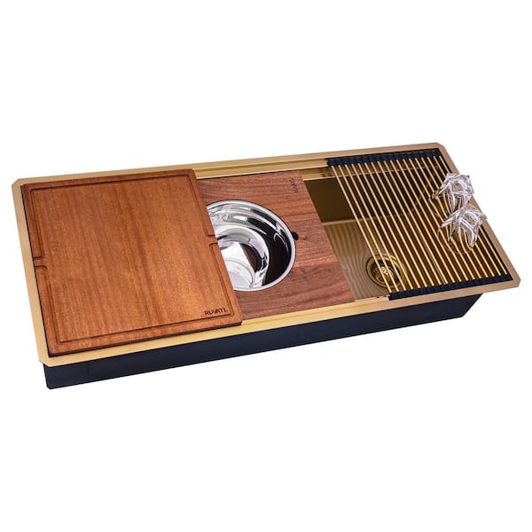 Ruvati Dual-Tier Pro 45 in. Undermount 16-Gauge Stainless Steel Workstation Kitchen Sink in Matte Gold With Rounded Corners