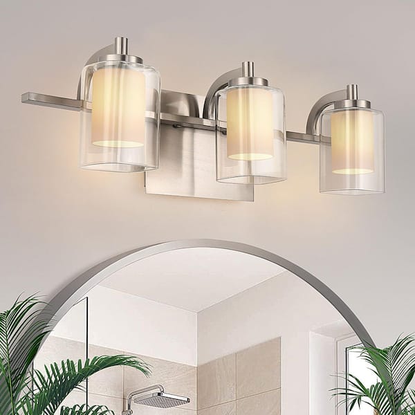 21 in. 3-Light Brushed Nickel Vanity Light with Clear Cylinder Glass Shades Bathroom Wall Sconce for Vanity or Mirror