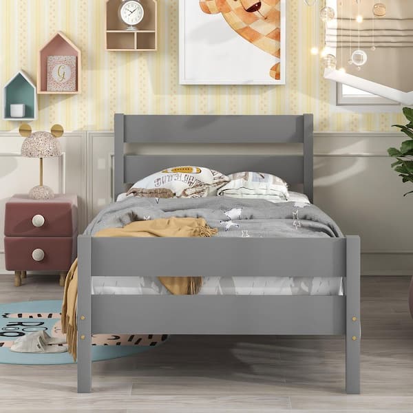 Gray Solid Pine Wood Frame Twin Platform Bed with Headboard and Footboard for Small Spaces, Apartments