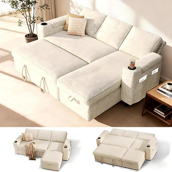81"Beige Chenille L Shaped Sectional Sleeper Sofa Bed with Pull Out Bed,Reclining Backrest,Reversible Storage Chaise