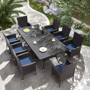 10-Piece Wicker Patio Outdoor Dining Set with Glass Tabletop, 1.5 in. Umbrella Hole and Navy Blue Cushion