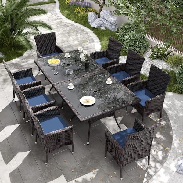 Halmuz 10-Piece Wicker Patio Outdoor Dining Set with Glass Tabletop, 1.5 in. Umbrella Hole and Navy Blue Cushion