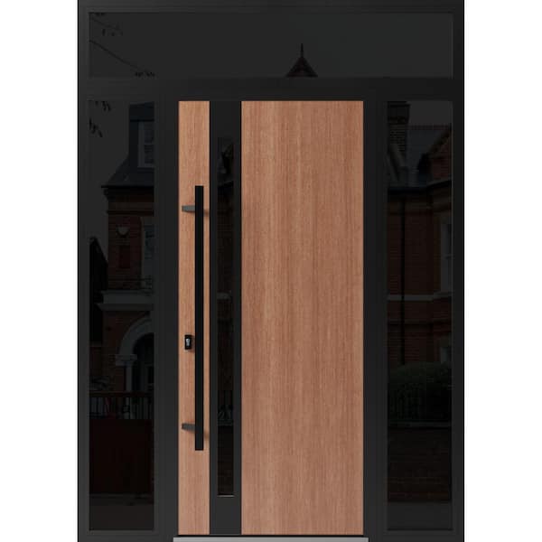 VDOMDOORS 1033 64 in. x 96 in. Right-hand/Inswing 3 Sidelight Tinted Glass Teak Steel Prehung Front Door with Hardware