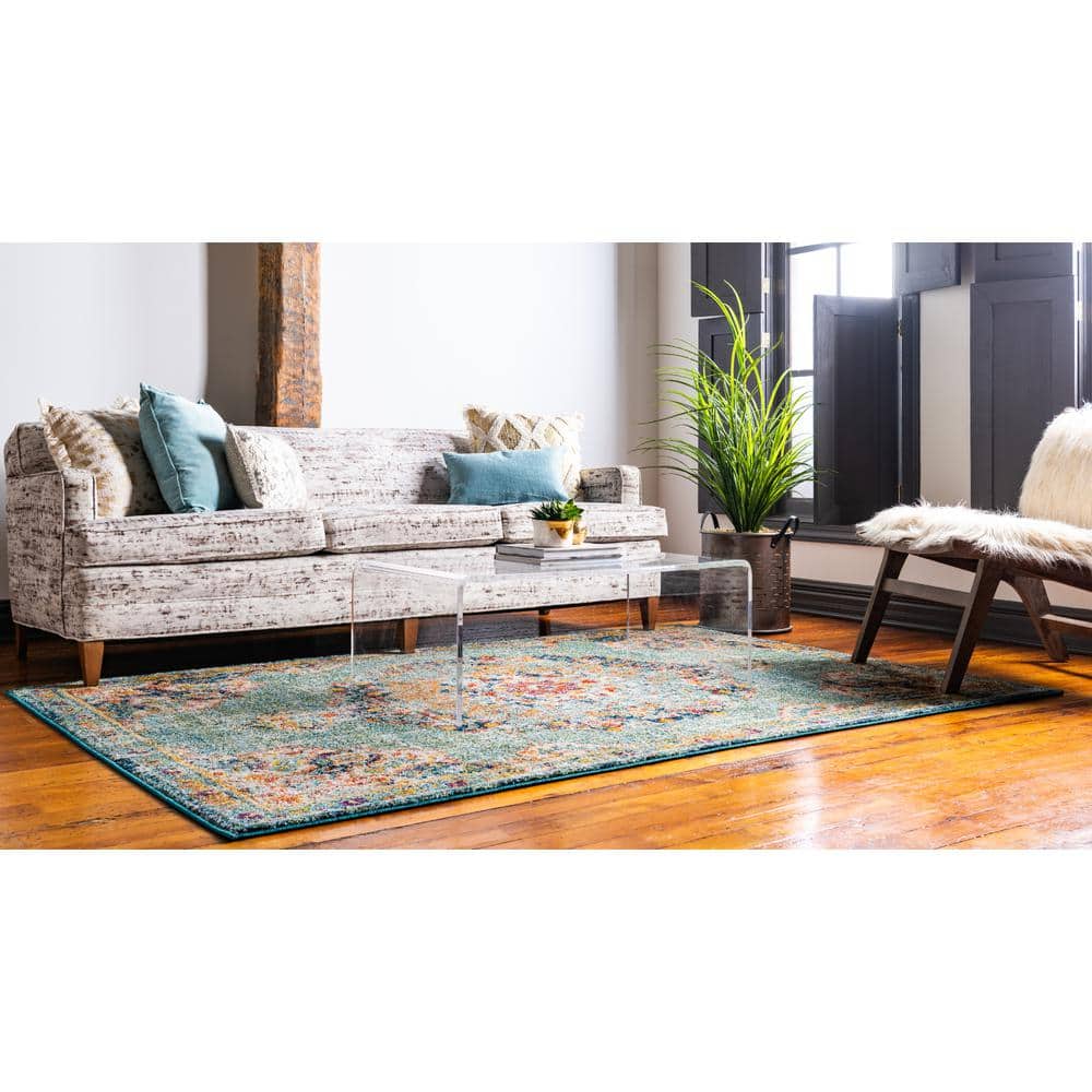 Green Rectangular Stain-Resistant Synthetic Area Rug