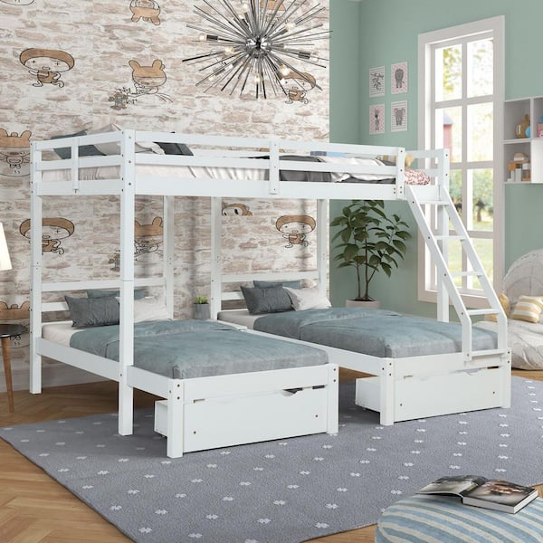 GODEER White Solid Wood Full over Twin & Twin Bunk Bed with 3 Storage Drawers