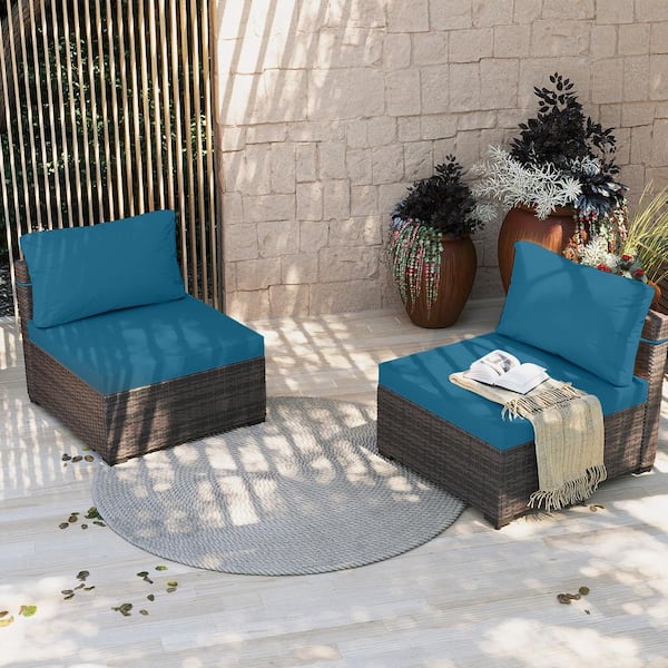 UPHA 2-Pieces Brown Wicker Patio Conversation Seating with Deep Lake Blue Cushions