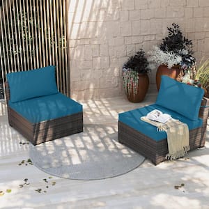 2-Pieces Brown Wicker Patio Conversation Seating with Deep Lake Blue Cushions