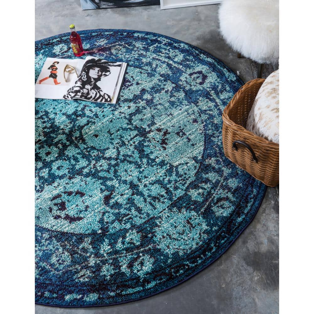 Fleur Intricate Pattern Navy to Light Blue Round Rug - 6'