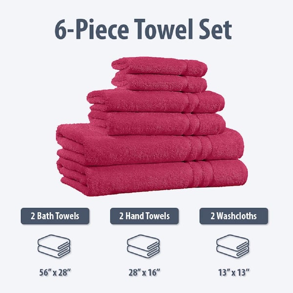 Home Sweet Home 100% Cotton 6-Piece Bath Towel Set - Extra Soft Bath Towels, Burgundy, Adult Unisex, Size: 2 Bath Towels 56 x 28, 2 Hand Towels 28 x