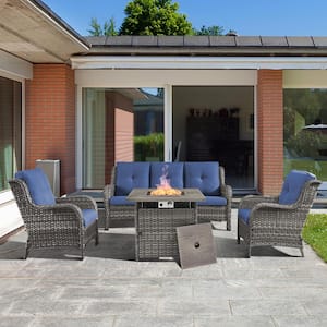 4-Piece Fire Pit Table Patio Sets Wicker Patio Conversation Set with Lounge Chair Blue Cushions
