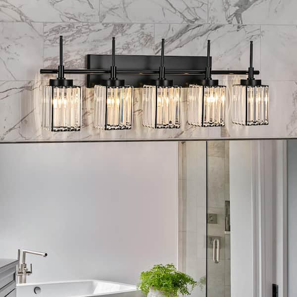 EDISLIVE Orillia 34.64 in. 5-Light Modern Industrial Black Bathroom Vanity Light with Crystal Rectangular Shades