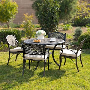 5-Piece Bronze Cast Aluminum Outdoor Dining Set for Patio with Beige Cushions