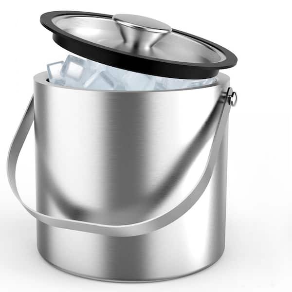 7 in. 3.2 qt. Silver Stainless Steel Ice Bucket, Double Wall Insulated Ice Bucket with Lid, Drain Plate, Scoop and Tong