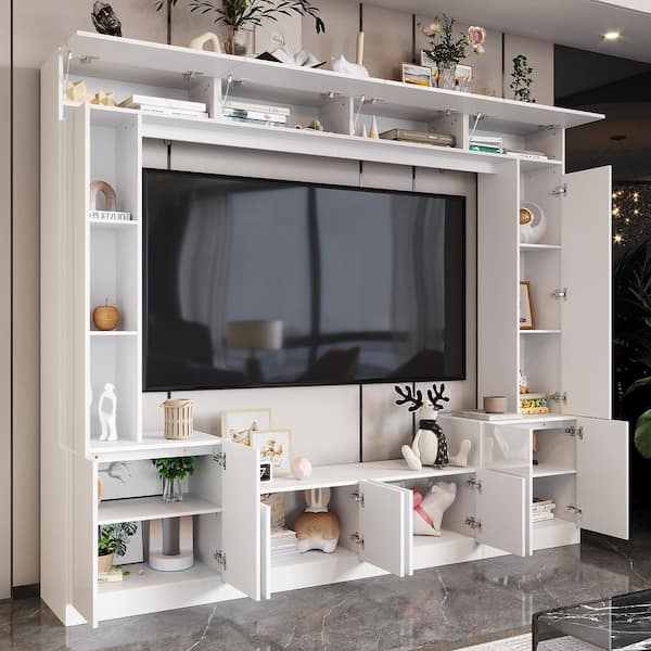 【あ】WALL TV STAND HIGH TYPE ホワイト Harper & Bright Designs White High Gloss Wood Extendable TV