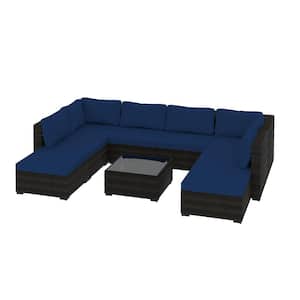 9-Pieces Wicker Outdoor Patio Conversation Set Furniture Set with Coffee Table and Ottomans for Backyard, Navyblue