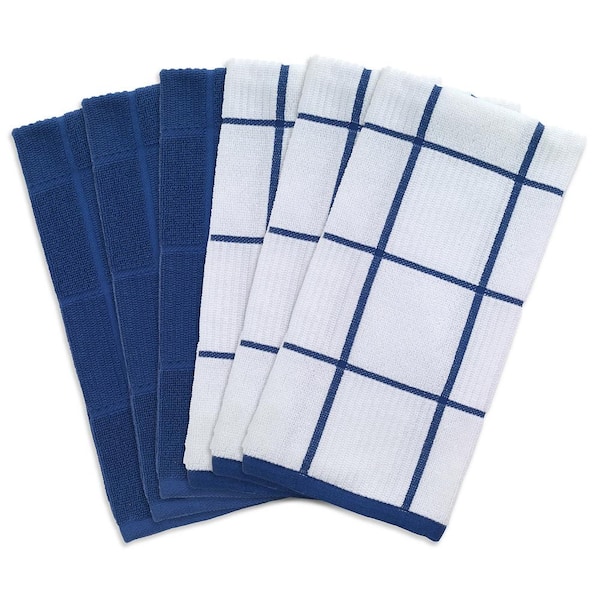 PiccoCasa 100% Cotton Terry Kitchen Towels Set of 6 Plaid Pattern (13 x 29  Inch) Soft Absorbent Drying Dish Towels for Kitchen Cooking - Blue
