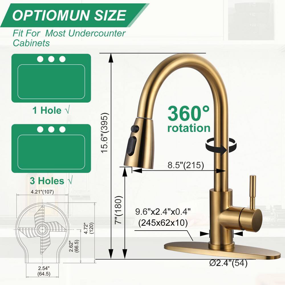 Brushed Gold Stainless Steel Pull-Down Kitchen Faucet with Deckplate