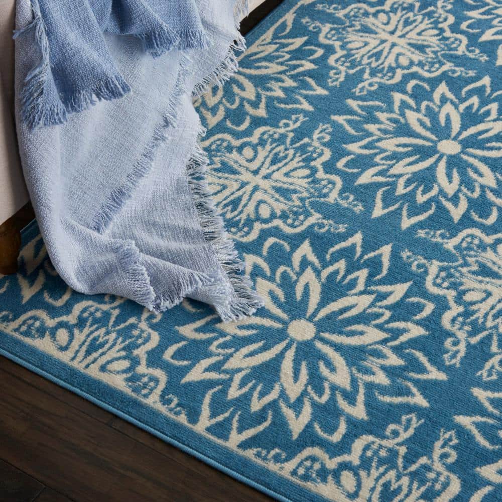 Handmade Floral Ivory & Blue Round Synthetic Area Rug, 5'3" x 7'3"