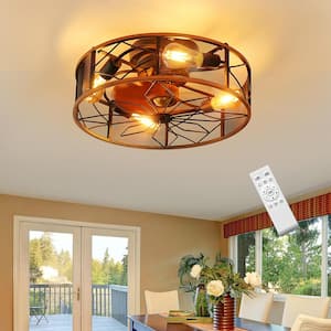 19.6 in. 4-Light Indoor Farmhouse Black Low Profile Caged Mesh Flush Mount Ceiling Fan with Light and Remote Control