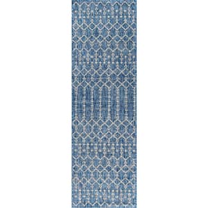 Ourika Moroccan Geometric Textured Weave Navy/Light Gray 2 ft. x 10 ft. Indoor/Outdoor Runner Rug
