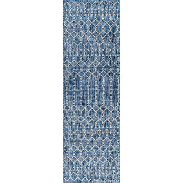 Navy/Light Gray 2 ft. x 14 ft. Runner Ourika Moroccan Geometric Textured Weave Indoor/Outdoor Area Rug