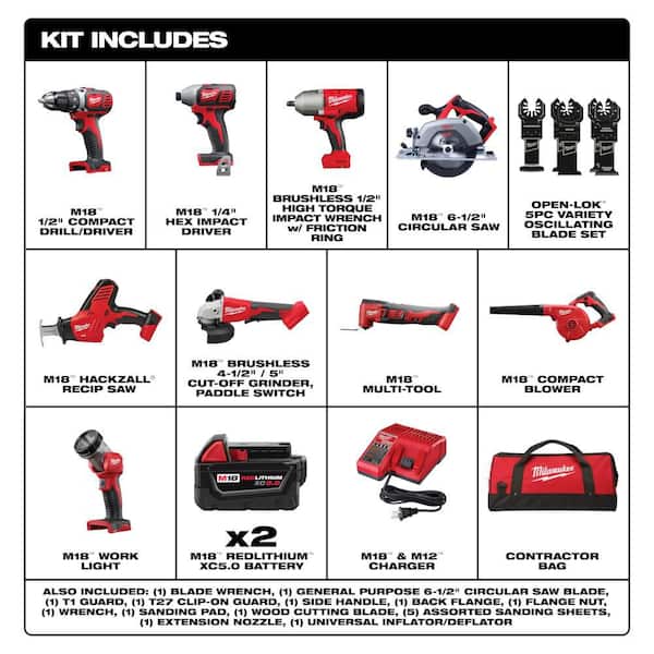 M18 18-Volt Lith-Ion Cordless Combo Kit (9-Tool) w/ (2) Batteries, Charger, Tool Bag, & Multi-Tool Blade Set