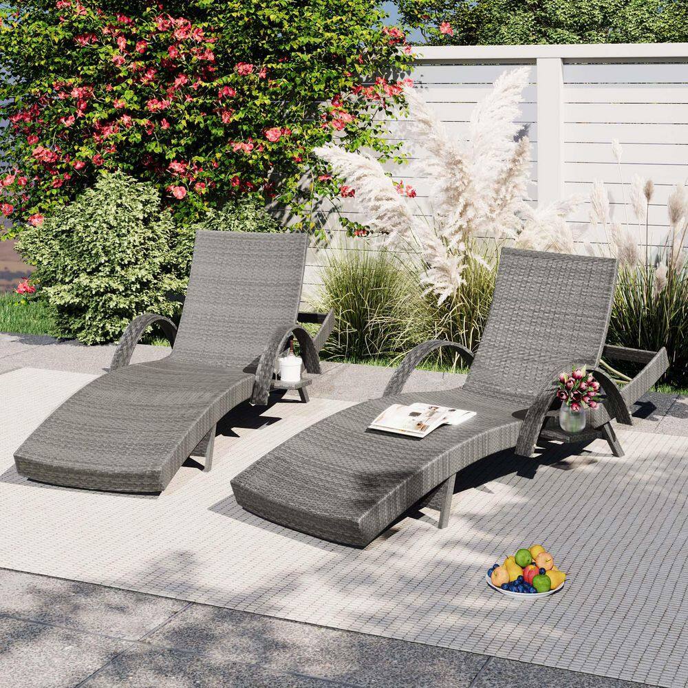 Gray Wicker Outdoor Chaise Lounge Chairs Set of 2, Patio Rattan Reclining C