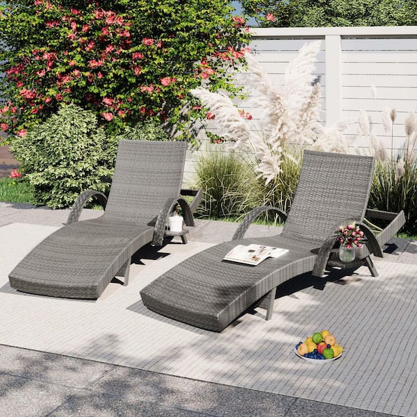 Unbranded Gray Wicker Outdoor Chaise Lounge Chairs Set of 2, Patio Rattan Reclining Chair with Adjustable Back for Poolside, Deck