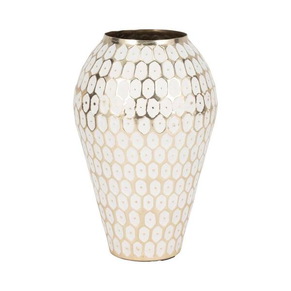 Liv & Skye 11 in. Gold Metal Round Geometric Tribal Urn Decorative Vase