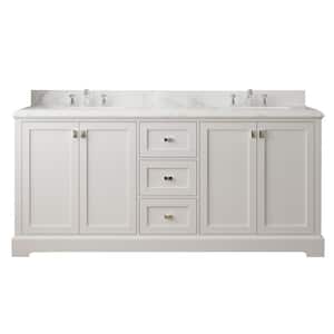 72.6 in. W x 22.4 in. D x 34 in. H Double Sink Solid Wood Bath Vanity in White with White Marble Top