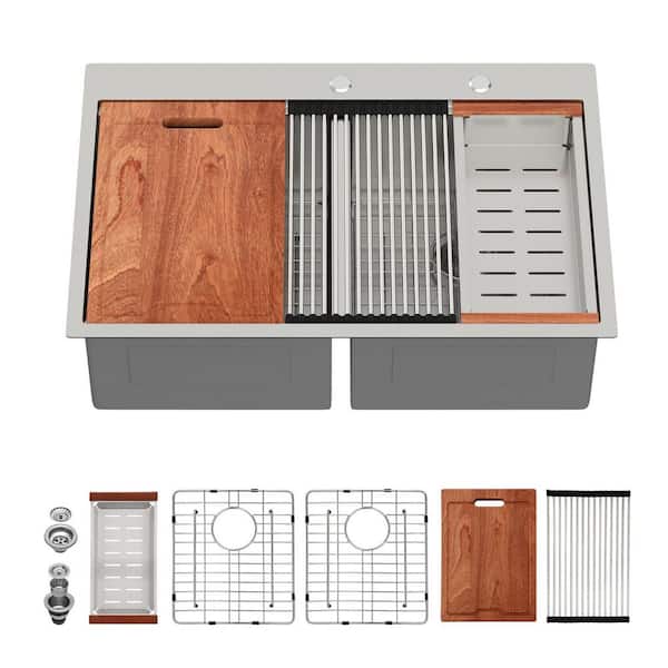 33 in. Drop-In Double Bowl 16 Gauge Brushed Nickel Stainless Steel Kitchen Sink with Bottom Grids