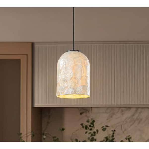 1-Light W7 in. Modern Farmhouse White Natural Capiz Seashell Single Pendant Light Coastal Cylinder Hanging Light