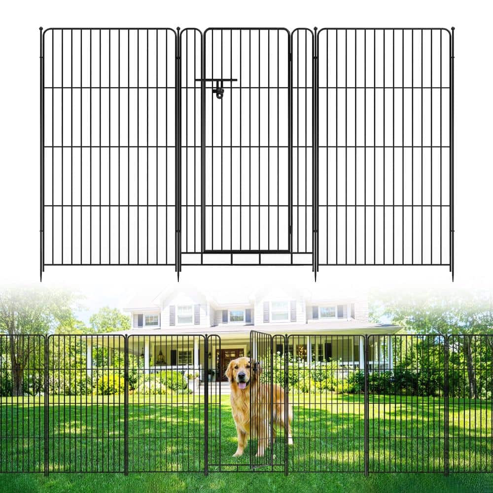 homfan 10-Pack No-Dig Garden Fence with Gate–36 in*22.5ft Black Metal ...