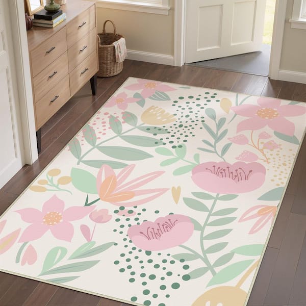 Childhood Beige 5 ft. x 7 ft. Floral Washable Area Rug